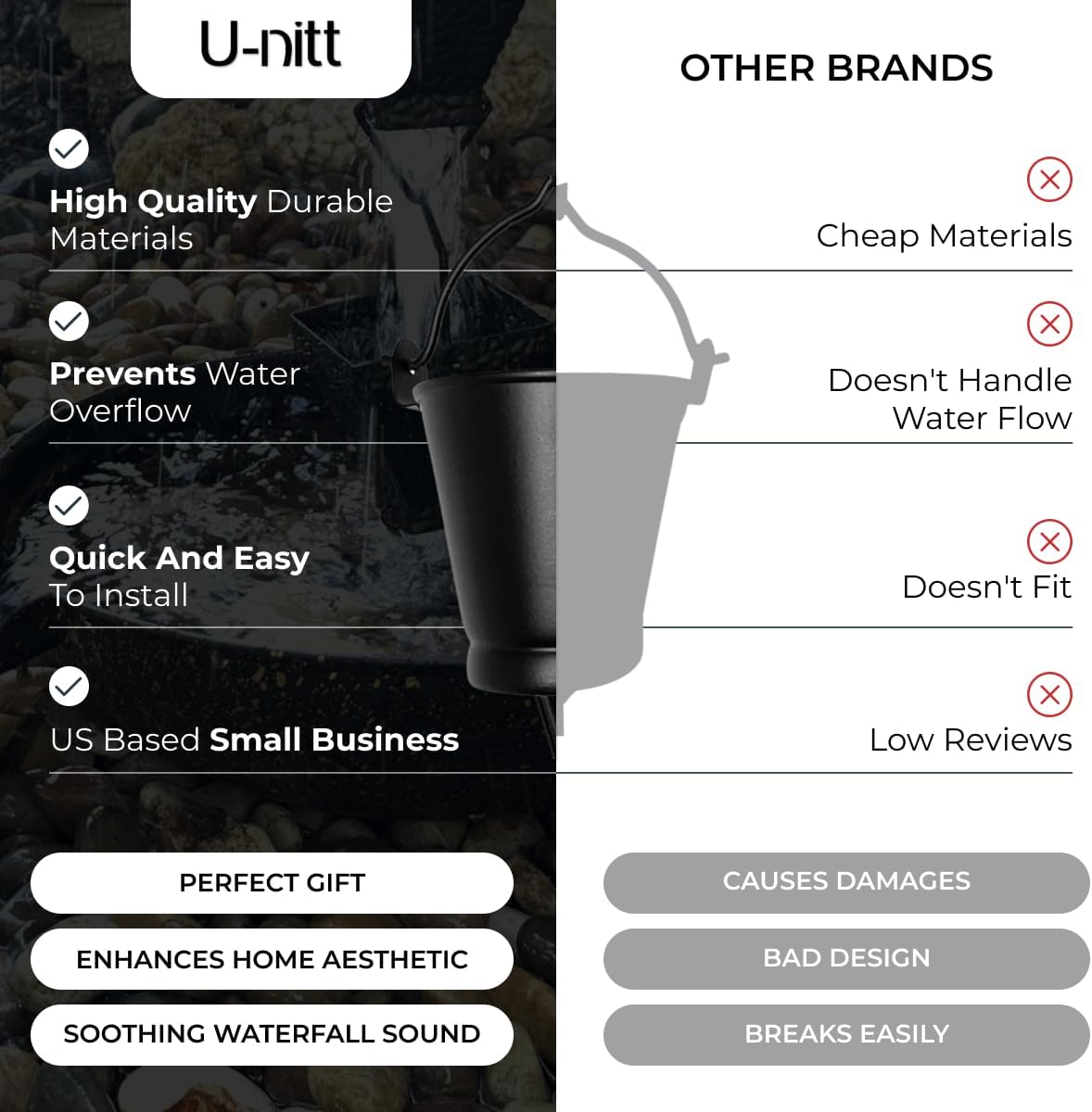 U-nitt Rain Chain Water Collection for Gutters, Rainwater Catcher & Diverter, 8.5 FT Chains for Outside Garden, Black Bucket Cups, Roof Downspout, Works with Heavy Rain, w/Gutter Clip for Rainchains