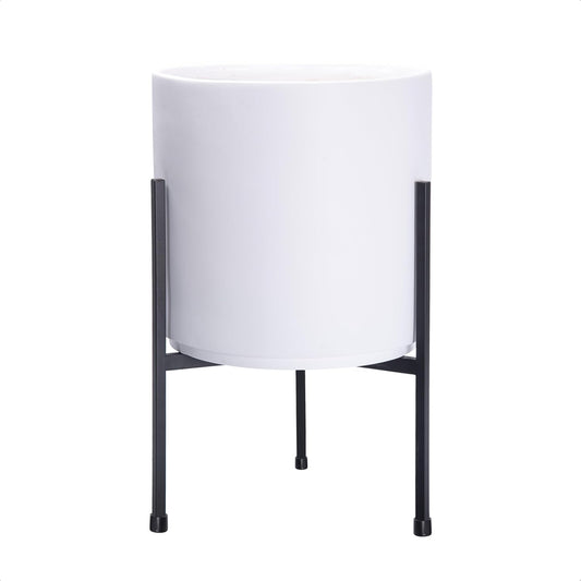 D'vine Dev Modern White Plants Pot Cylinder Planter with Heavy Duty Stand, Medium 10 Inch Pot, 16.3 Inch with Stand Height, 96-T-A-2