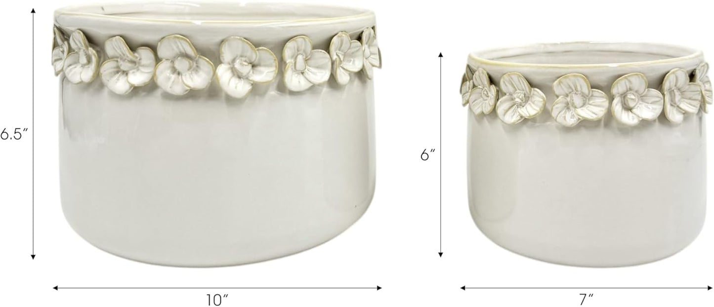 Decorative Flower Pot for Home Decor – Ceramic Indoor or Outdoor Planter with Sculpted Floral for Succulents or Houseplants – Pot for Plants for Garden, Patio, or Room Decor; Set of 2 – 7", 6" Ivory