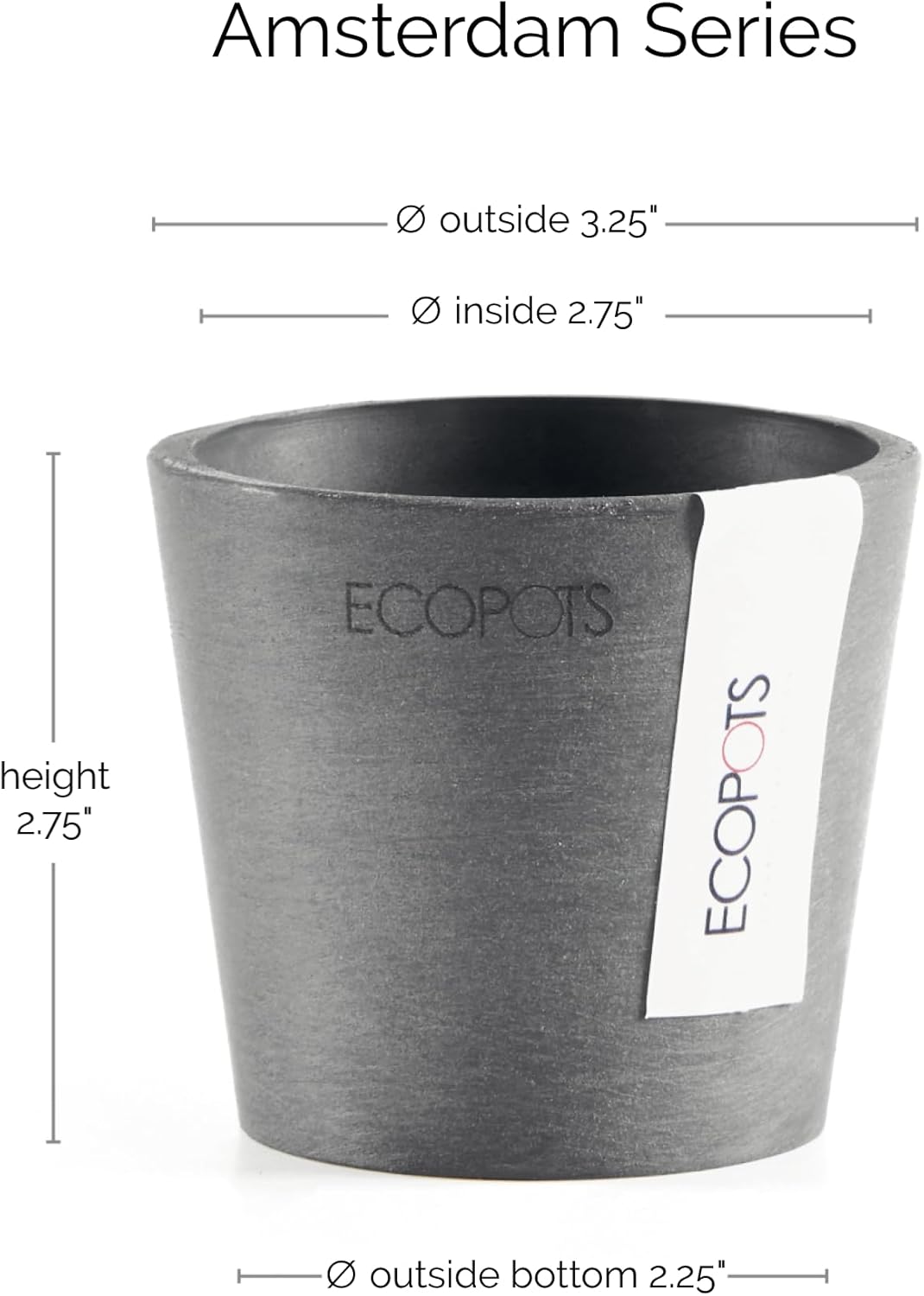 Ecopots Amsterdam Mini Durable Modern Round Recycled-Based Composite Flower Pot Planter, Grey, 3"