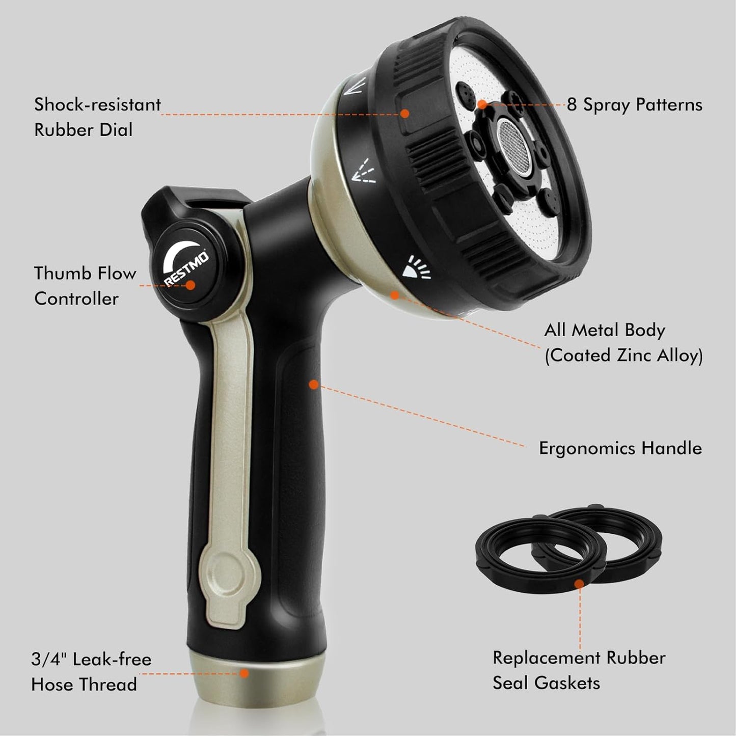 RESTMO Full Shower Hose Nozzle, Metal Spray Nozzle for Garden Hose, 8 Spray Patterns, Water Hose nozzle with Thumb Control, Ideal for Outdoor Lawn & Plant Watering, Car & Pet Washing, Bronze