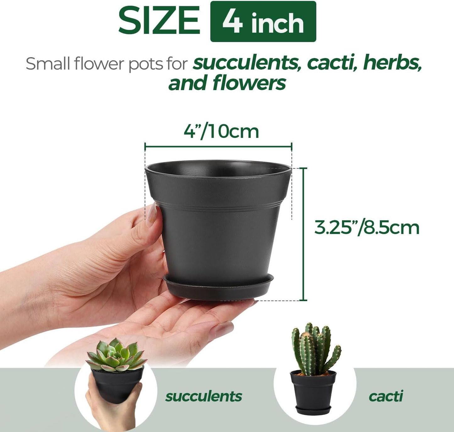 T4U 4 Inch Plant Pots 8-Pack, Small Flower Pots with Drainage Hole and Saucer, Decorative Nursery Pot Bulk for African Violet, Snake Plant, Succulent, Herb and Plants Indoor (8 Pcs 4" Pots, Black)