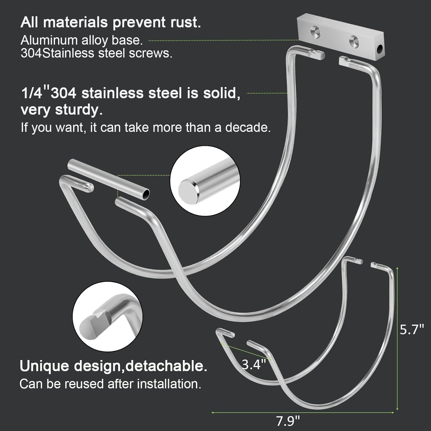 Garden Hose Holder Water Hose Hanger Wall Mounted,304Stainless Steel Solid Hose Hook Holds Up to 150Ft Garden Hose, Expandable Hose, Water Hose - Chrome