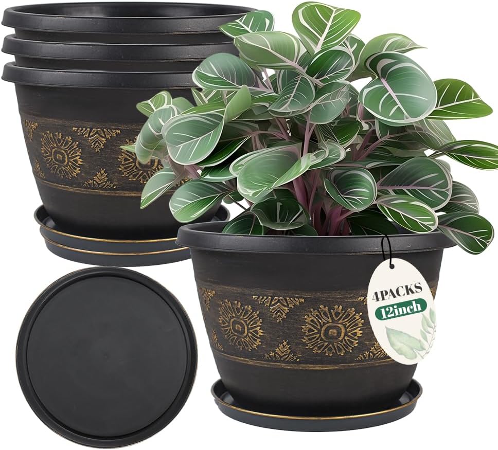 4 Pack 12 inch Plant Pots, Retro Pattern Planters with Drainage Holes and Saucer, Sturdy Plastic Garden Flower Pots for Indoor & Outdoor Plants