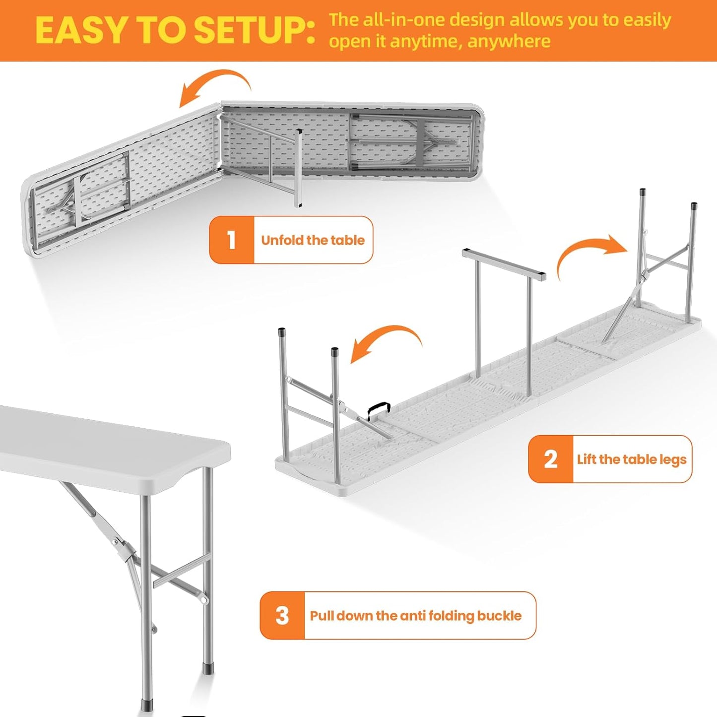 HLPB Folding Bench 6 ft, Foldable Plastic Bench with Handle and Smooth HDPE Tabletop, Protable in/Outdoor Picnic Party Camping Dining Seat, 2 Pack, White