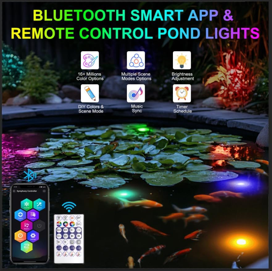 RGB Underwater Pond Lights, Super Bright LED Submersible Fountain Lights Colored Landscape Spotlights, Bluetooth APP Control IP68 Waterproof for Fish Aquarium Tank Garden Yard Pool (Set of 3)