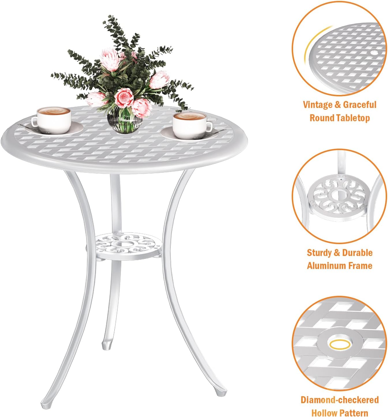 3 Piece Patio Bistro Set, Outdoor Bistro Table and Chairs Set of 2 w/Umbrella Hole, Rust-Resistant Cast Aluminum Bistro Set for Garden/Balcony/Backyard, White