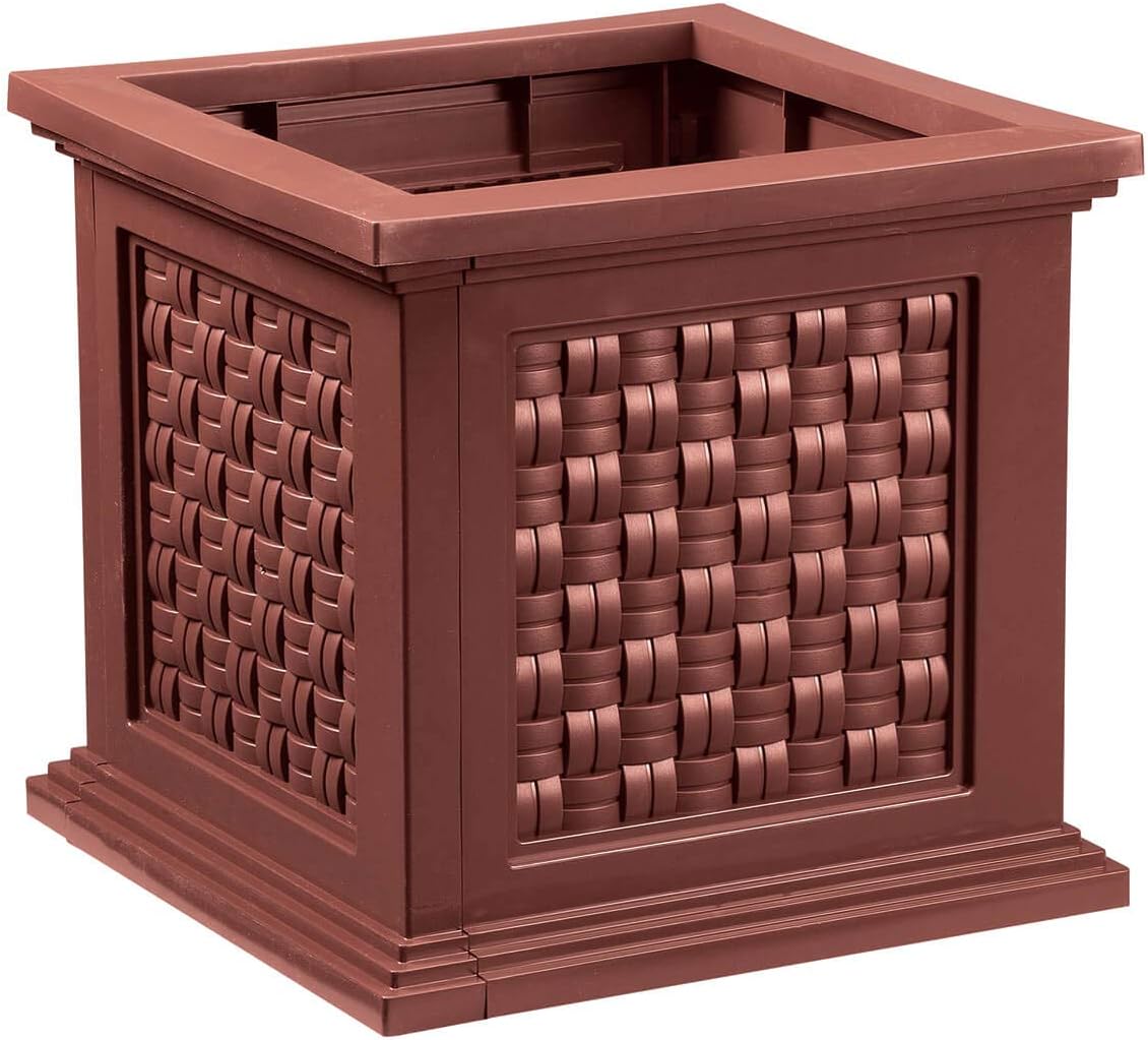 Fox Valley Traders Lightweight All-Weather Rattan-Style Planter Box - Versatile Presentation - Premium-Grade Polyethylene Material - Easy Assembly - 14.75" x 14.75" x 13.75", Brown Design
