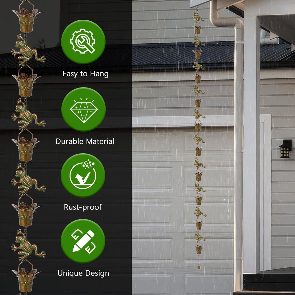 7.7FT Rain Chain for Outside, Rain Chain with 10 Frog Cups Adjustable Rain Chains for Gutters, Eaves, Drainage, Replacement for Downpout