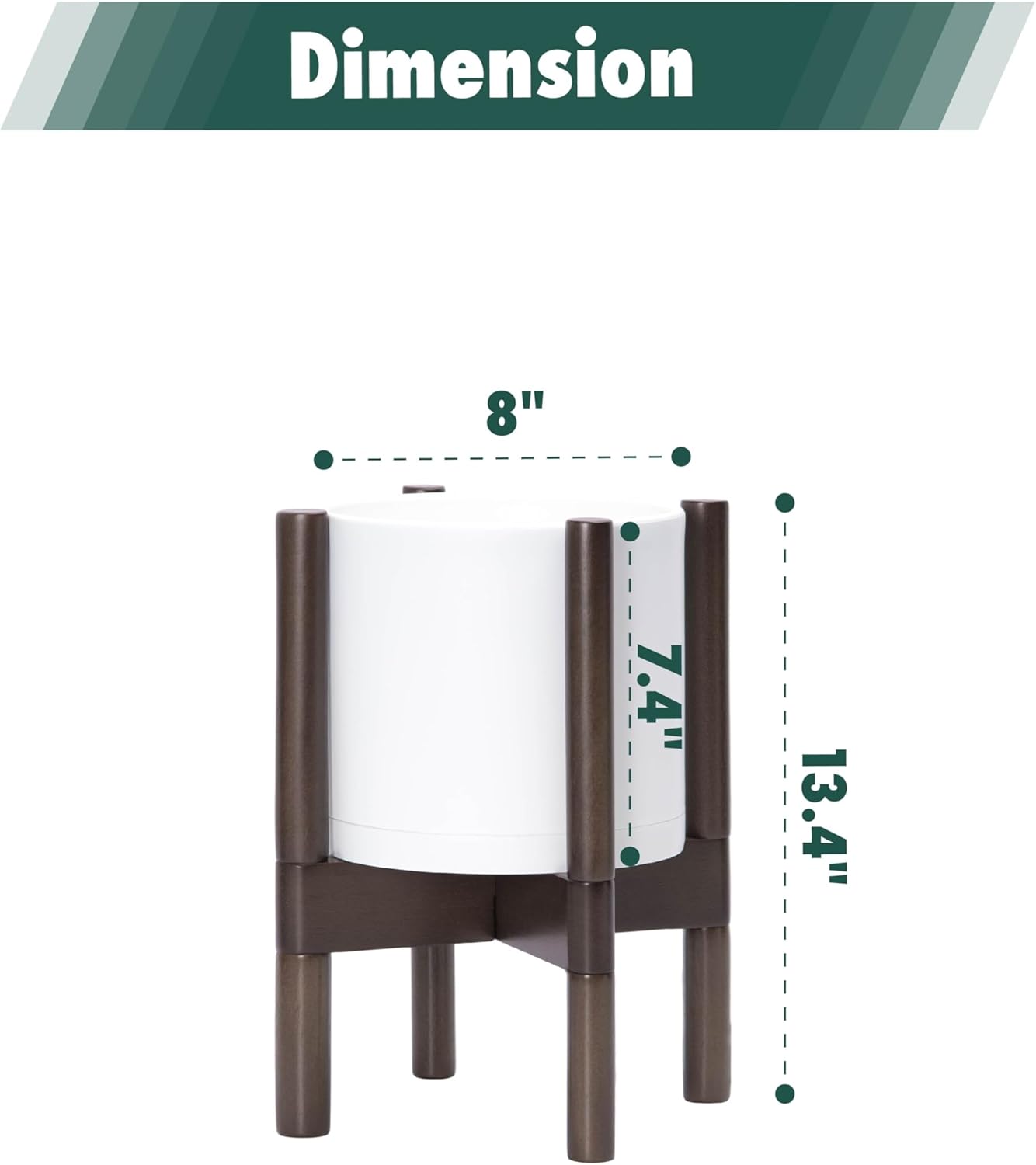 D'vine Dev Planter Pot with Stand - 8 Inch Plastic Cylinder Flower Pot with Wood Planter Holder for Indoor, Matte White Pot + Walnut Color Stand, 55-C-I-1