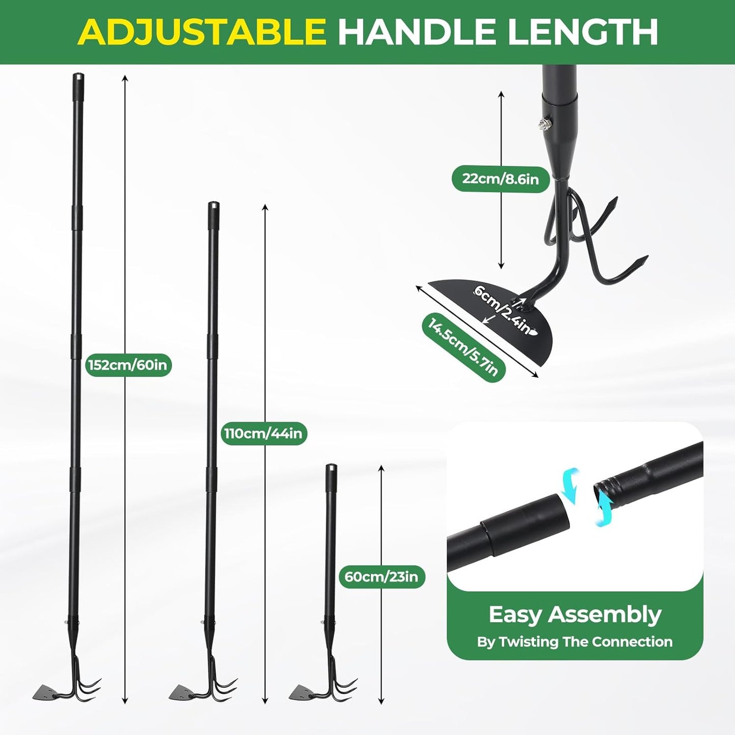 Garden Hoe 23 Inch Long Cultivator with Adjustable Long Handle - Heavy Duty Weeding & Soil Loosening Tool for Gardening, Lawn, and Yard Work