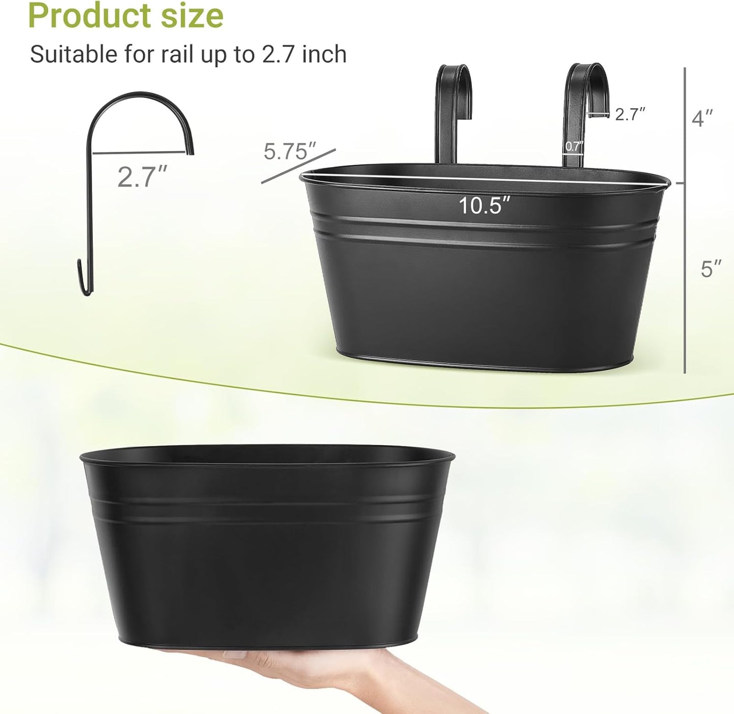 Dahey Metal Iron Hanging Flower Pots for Railing Fence Hanging Bucket Pots Countryside Style Outdoor Planter Window Flower Plant Holder with Detachable Hooks Home Decor, Black,4 Pcs