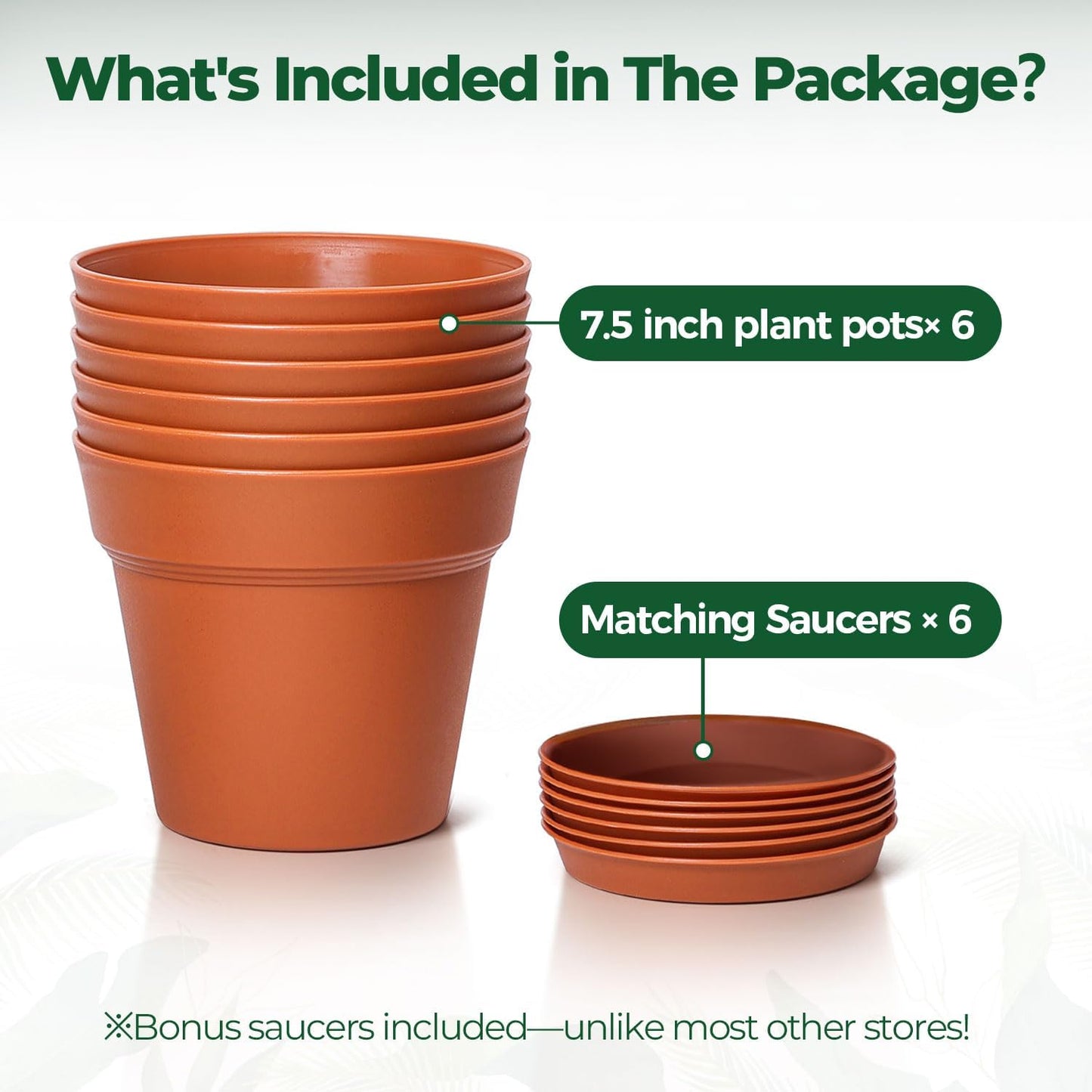 T4U 7.5 Inch Plant Pots 6 Pcs, Flower Pots for Plants, Plastic Planter Pots for Indoor Plants with Drainage Holes and Saucer (6 Pcs, 7.5")