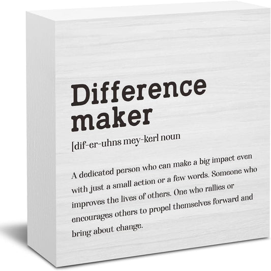 Difference Maker Definition Home Office Decor Wooden Box Sign, Motivational Farmhouse Decorative Positive Office Desk Accessories Wood Plaque Affirmations Wood Table Sign for TV Cabinet Shelf