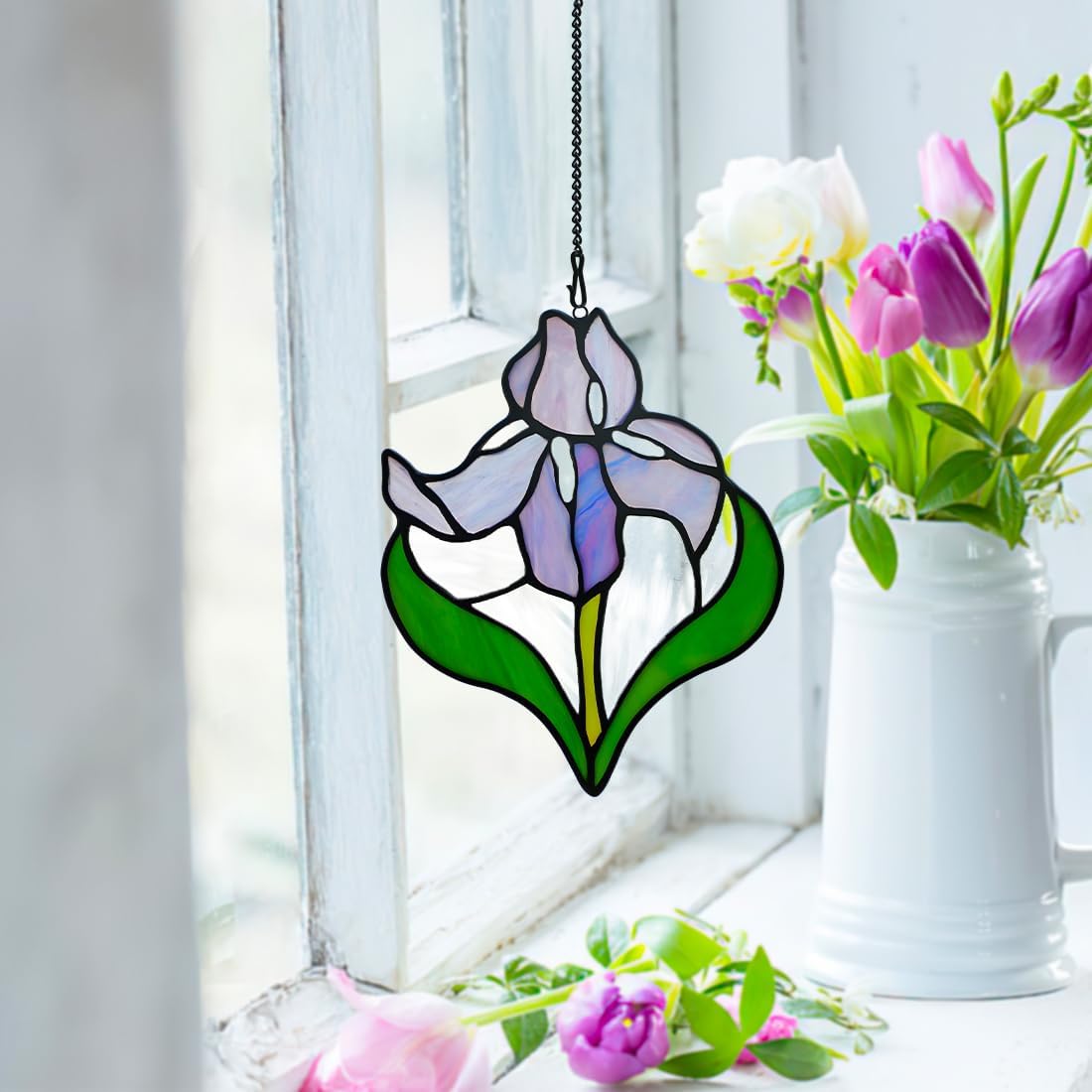 Iris Flower Stained Glass Window Hangings,Iris Flower Gifts for Women,Artificial Flowers Stained Glass Suncatcher for Window, for Mom