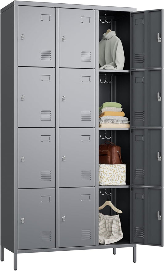 12 Doors Metal Locker for Employees with Business Card Holder,Metal Locker with 12 Hooks and Ventilation Holes for School Garage Office Gym Home,Assembly Required,Dark Grey