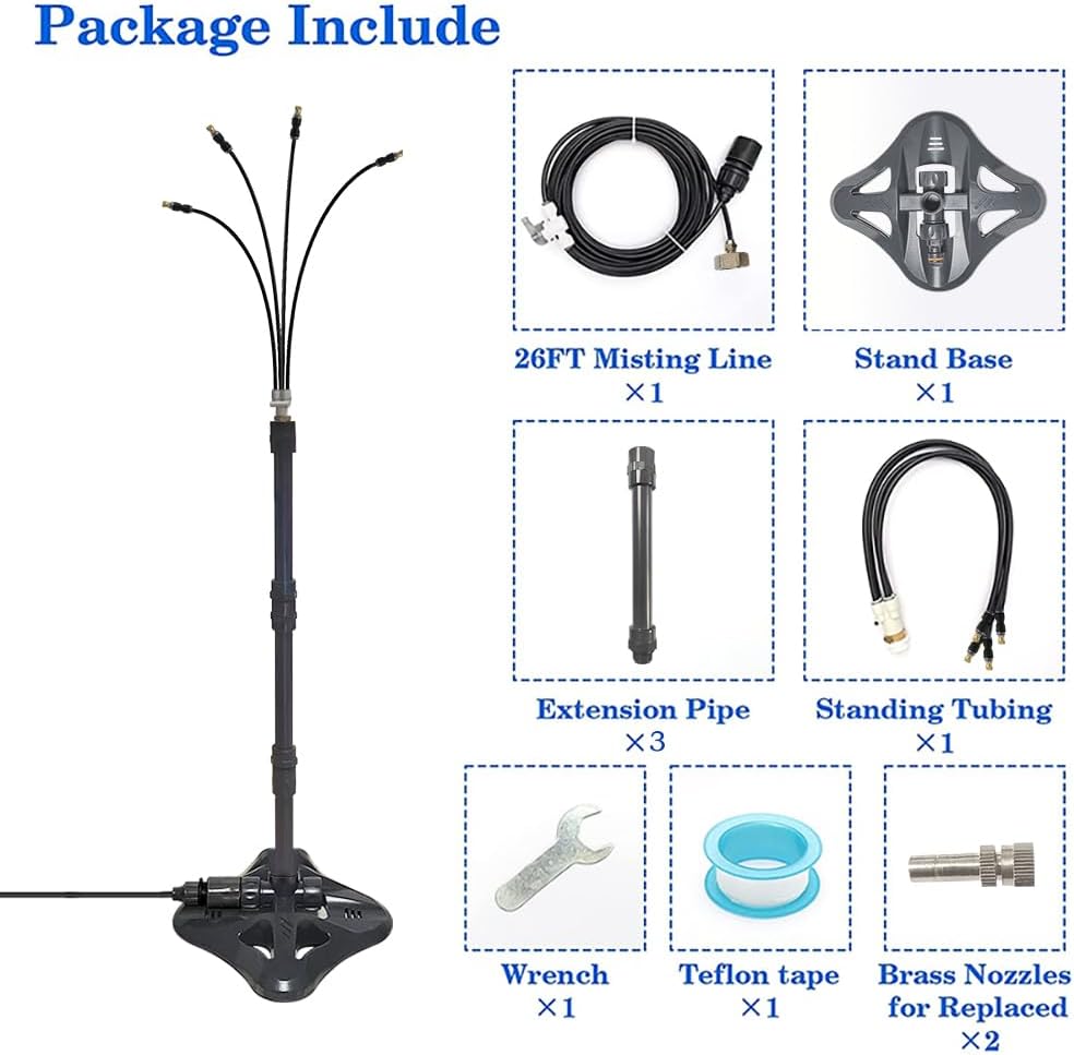 UR Forest Updated Standing Misting Cooling System 26FT Misting Line + 4 Brass Misting Nozzles,4 Height Option, Stand Mister Hose for Outside Outdoor Patio, Pet Cooling, Kids Water Playing