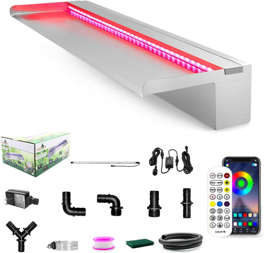 LONGRUN Stainless Steel Waterfall Spillway, APP Control Multi-Color LED Light Outdoor Pool Fountain, Water Spillway Koi Pond Waterfalls Fountains Kit for Garden Patio Swimming Pool Decoration-35.4"