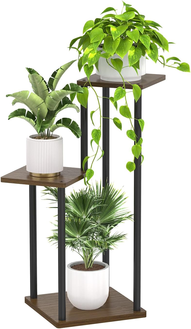 3 Tier Plant Stand Indoor Outdoor, Wood Metal Flower Shelf Pot Holder Clearance, Tall Multiple Plants Corner Rack Aesthetic Organizer for Patio Orchid Office Porch Living Room Garden, Black Oak
