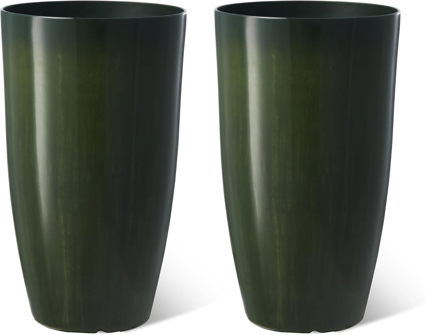 Glitzhome 23.5" H Large Tall Planter for Outdoor Plants,Set of 2 Plastic Tall Planters with Drainage Holes,Round Tapered Faux Ceramic Gradient Green Flower Tree Pots for Porch Patio Indoor Outdoor