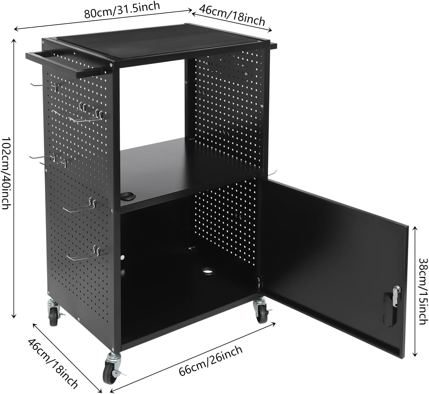 Computer Cart AV Cart, 3 Tiers Utility Media Cart with Wheel, Locking Cabinet, Power Strip and 264.55 lbs Load Capacity, Laptop Cart Mobile Workstation for Classroom Conference Room Black