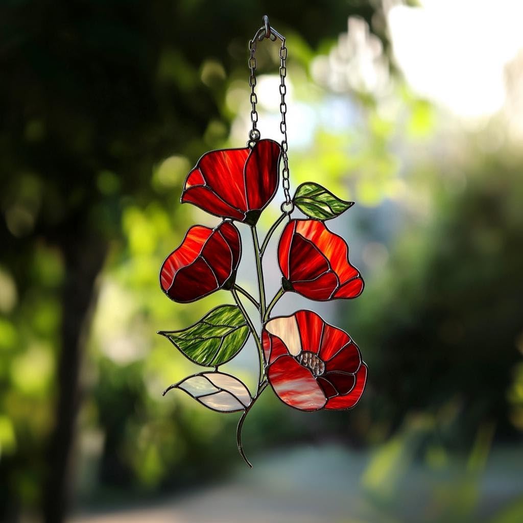 Red Poppy Flower Acrylic Suncatcher Hanging Window Sign Floral Wall Decor Remembrance Gift Mom Gift