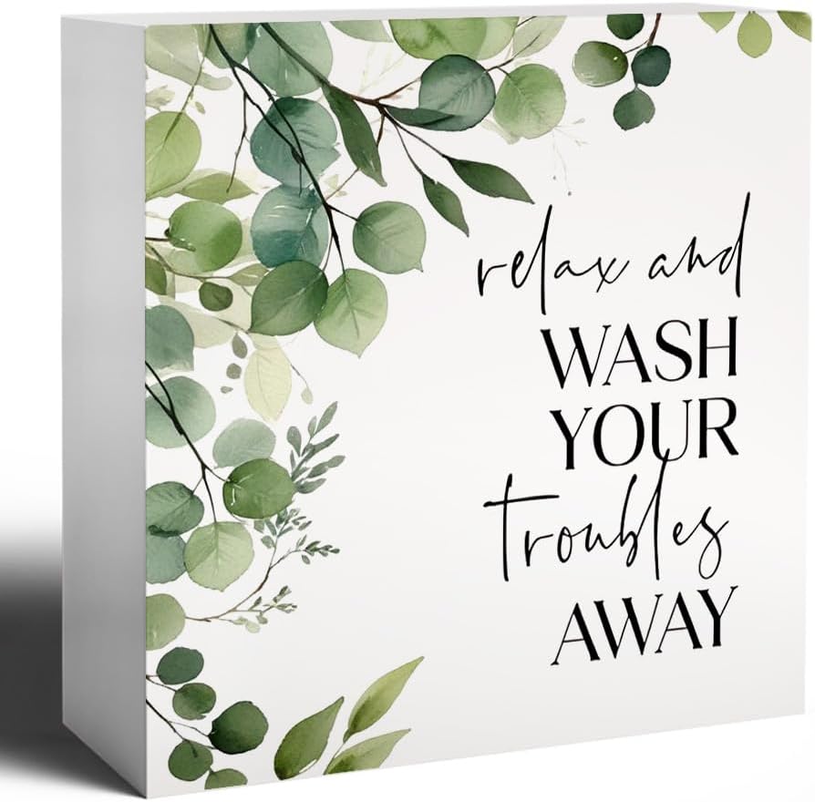Funny Bathroom Signs, Wash Your Troubles Away Funny Bathroom Wooden Box Sign, Eucalyptus Botanical Wood Signs Plaque for Restroom Washroom Toilet Counter Shelf Table Decor, 5x5 Inch