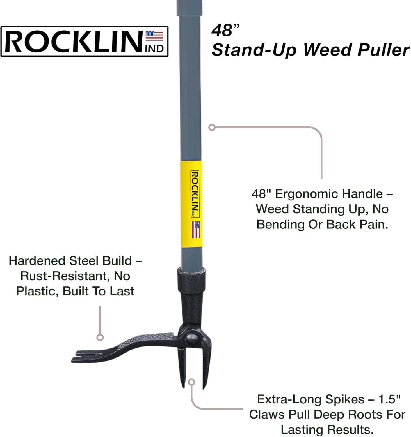 Rocklin™ Stand Up Weed Puller Tool - 4 Claw Steel Head - 48 inch Handle - 100% Metal - Easily Remove Weeds Without Bending or Kneeling (WeedPuller2.0)