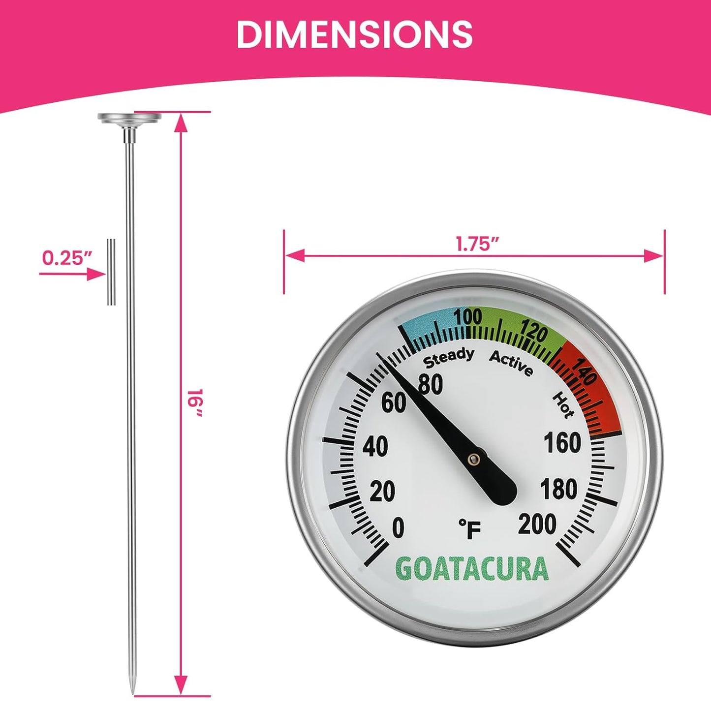 Compost Soil Thermometer, 304 Stainless Steel Case and Probe,1.75" Dial Size, 16" Stem Length, 0-200 Deg F, 3 Temperature Zones