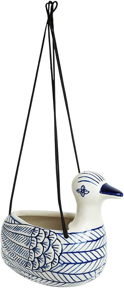 ExclusiveLane Duck' Hand-Painted Ceramic Hanging Planters for Indoor, Outdoor Plants, Flowers | Hanging Planter for Balcony, Home Décor, Garden, Living Room (Indigo Blue & White)