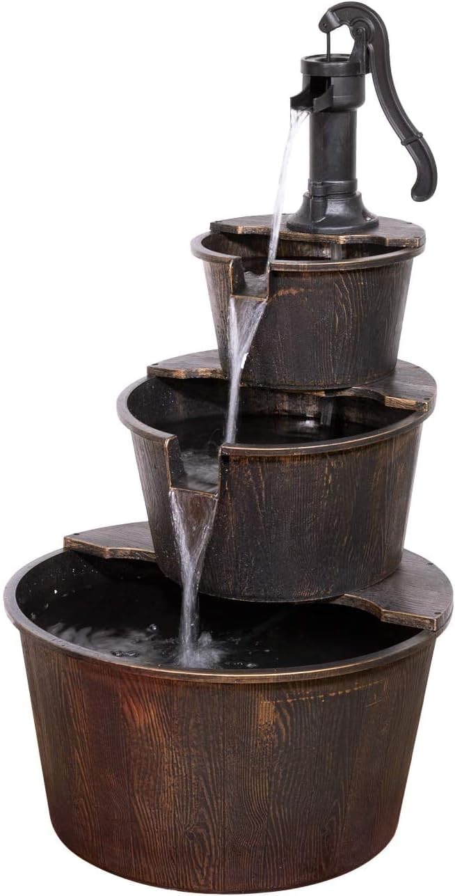 Alpine Corporation TEC234BR Outdoor Floor Tiered Rustic Pump and Barrel Water Fountain, Old-Fashioned Waterfall, 40", Brown
