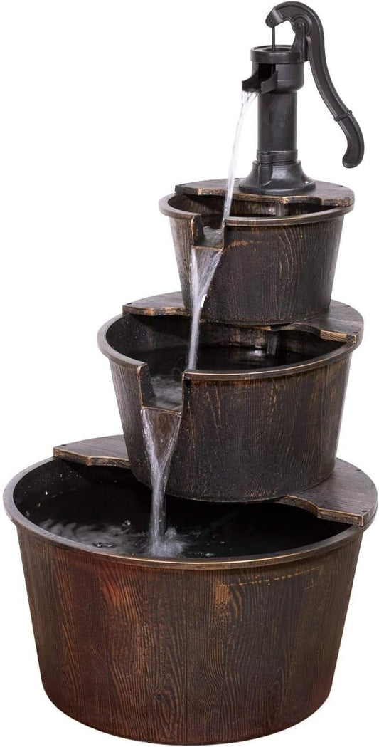 Alpine Corporation TEC234BR Outdoor Floor Tiered Rustic Pump and Barrel Water Fountain, Old-Fashioned Waterfall, 40", Brown