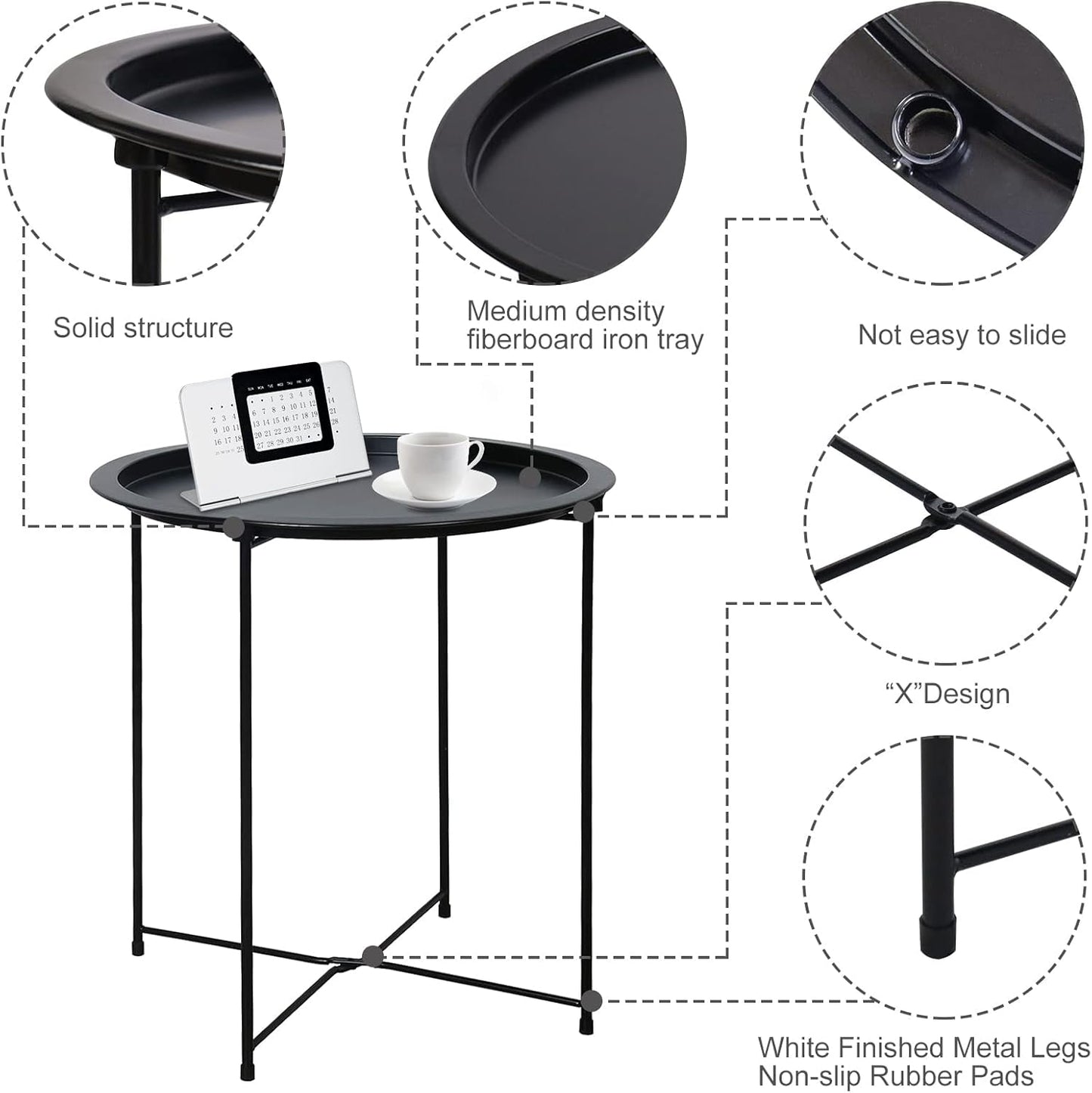 Garden 4 you End Table Metal Side Table Black Round Folding Tray Cyan Sofa Small Accent Fold-able Table, Round End Table Tray, Next to Sofa Table, Snack Table for Living Room and Bed Room