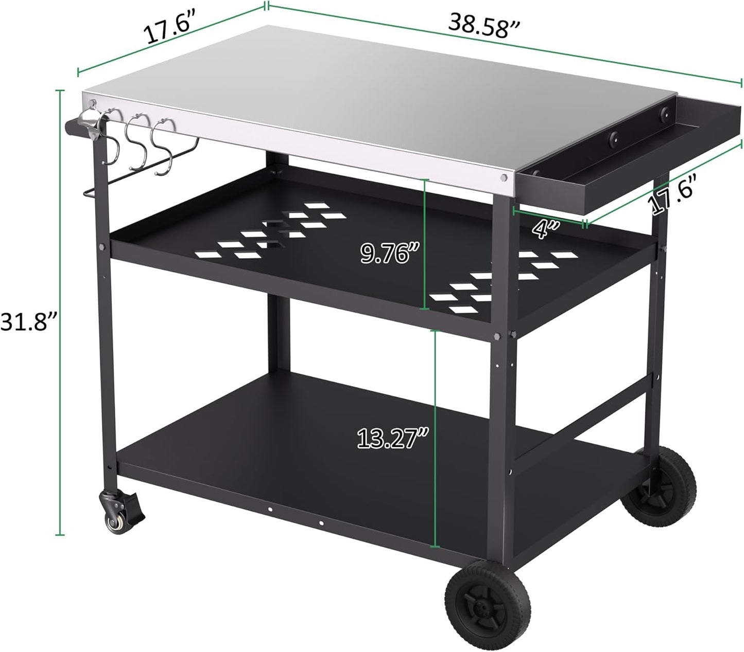 Spurgehom Outdoor Grill Cart, Pizza Oven Stand Table with Wheels Dining Cart for Outside Patio, Movable Kitchen Cooking Prep Table BBQ Cart with Mesh Racks for Home Party, Bar, Camping