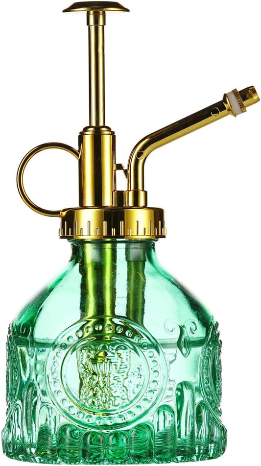 Glass Plant Mister Spray Bottle, 6.5" Green Glass Water Spray Bottle with Gold Top Pump Small Watering Can, Small Plant Sprayer Mister for Indoor Outdoor House, Green+Gold (Green+Gold D)
