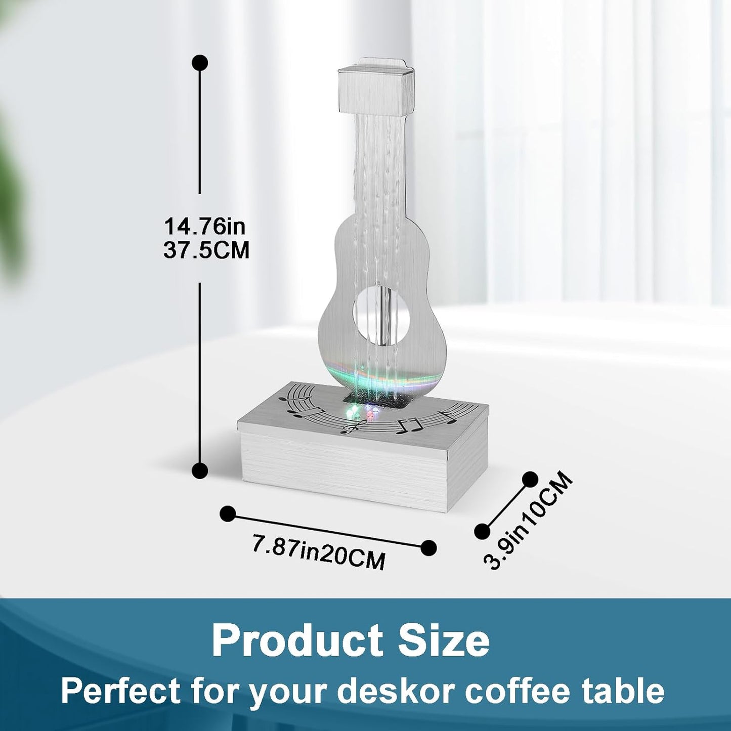 Indoor Tabletop Fountain with 3-Color LED Lights, 304 Stainless Steel Guitar-Shaped Desktop Meditation Waterfall for Home & Office Décor, Relaxing Water Feature Air-Purifying Gift