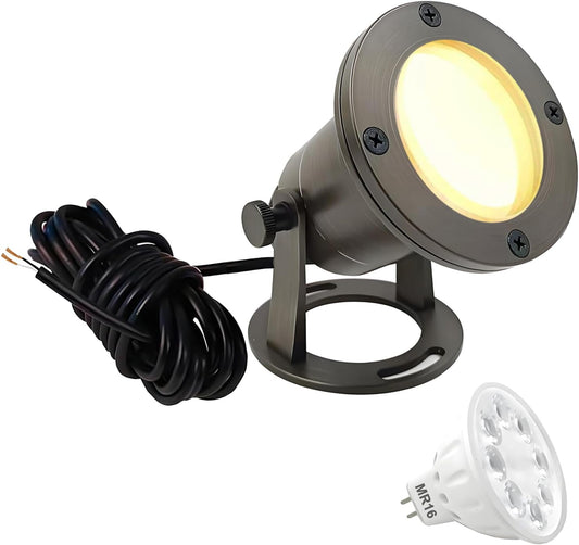 Brass Pond Light LED Underwater, Water Fountain Light Waterproof, Submersible Lights with 5W MR16 LED Bulb 2700K, 12V Low Voltage Landscape Lighting for Outdoor Garden Pond, Pool, Waterfall