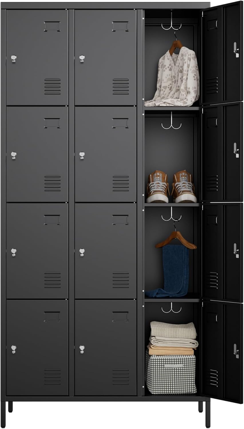 12 Doors Metal Locker for Employees with Business Card Holder,Metal Locker with 12 Hooks and Ventilation Holes for School Garage Office Gym Home,Assembly Required,Black