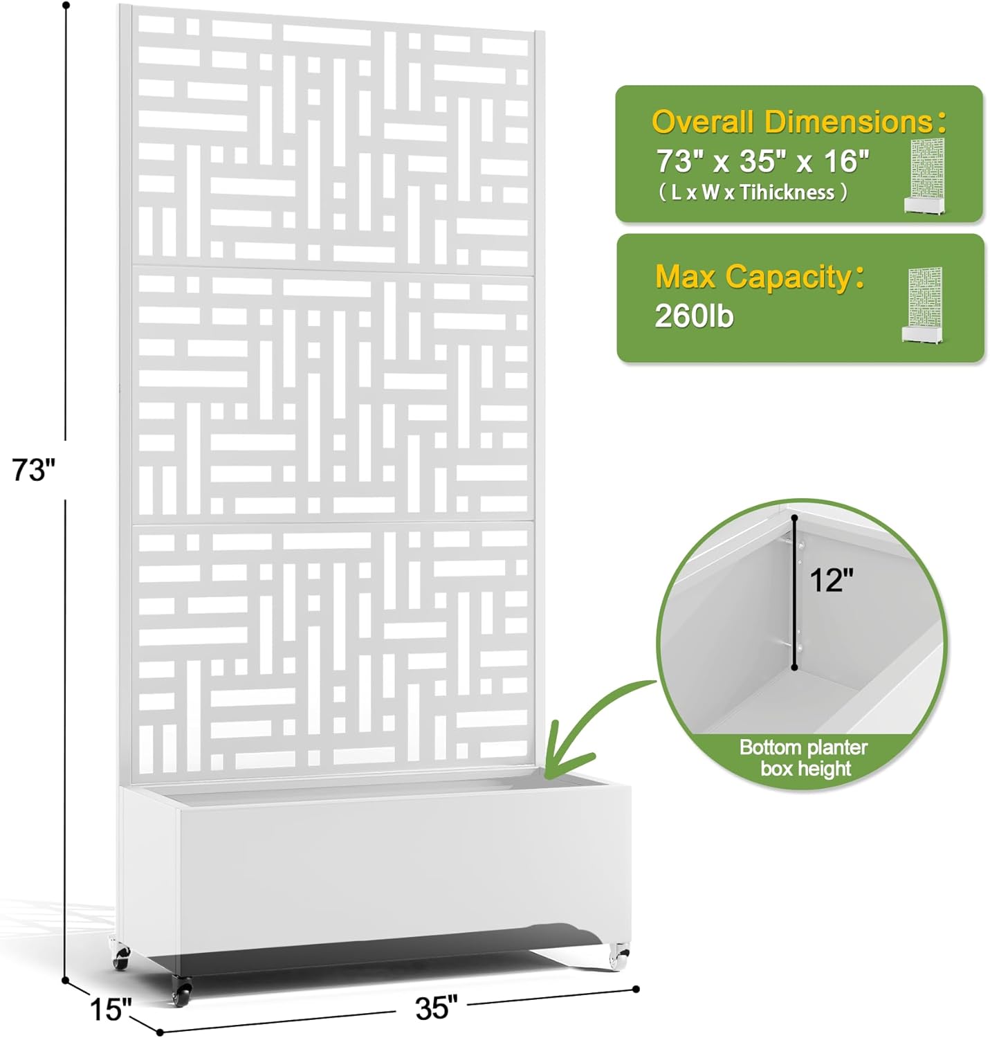 FENCY Metal Raised Garden Bed with Wheels and Trellis,73"x35"x16" Planter Box for Climbing Plants, Vegetables & Vines, Features Privacy Screen and Drainage Holes (White-Geometric Lattice)