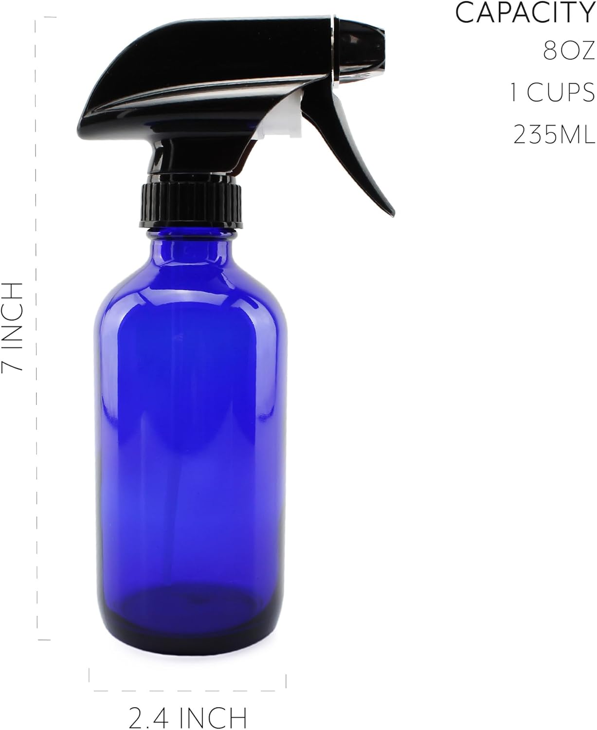 Cornucopia Brands 8-Ounce Cobalt Blue Glass Boston Round Spray Bottles (2 Pack) 3-Setting Heavy Duty Sprayers, Empty Refillable Bottle