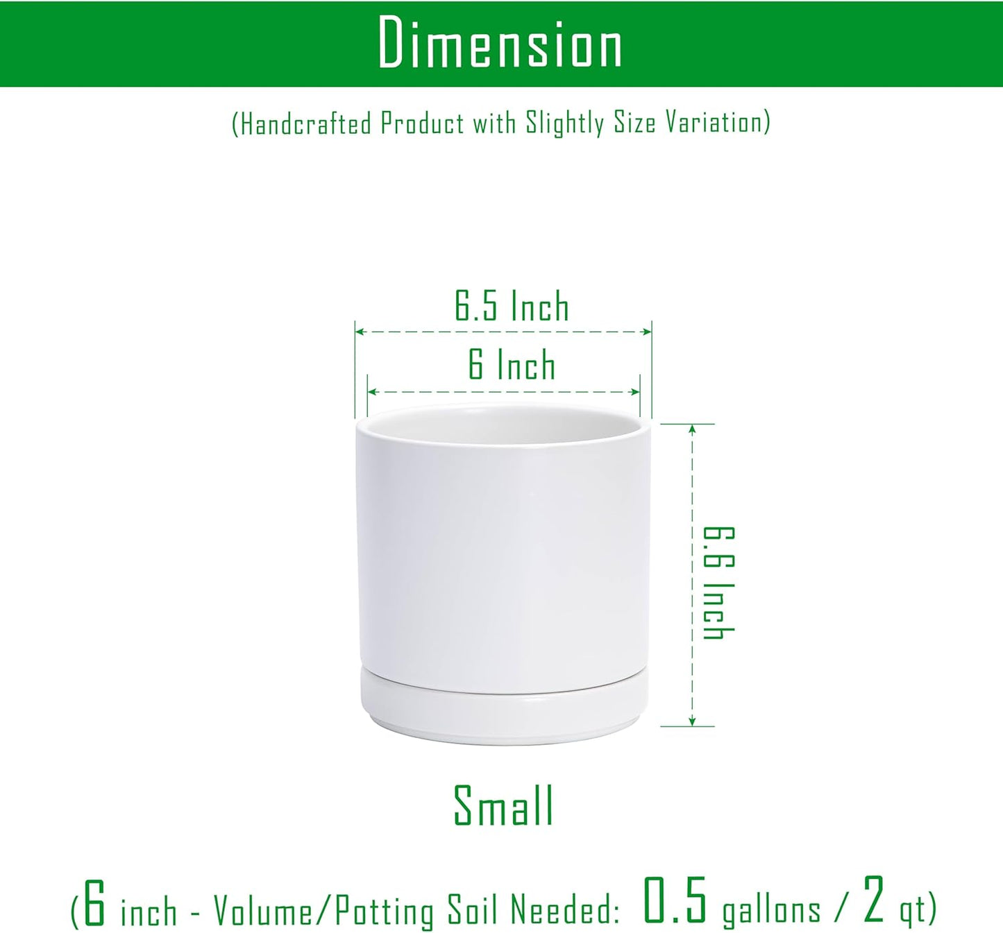 D'vine Dev Set of 2 Plants Pots, 6.5 Inch Ceramic Planter Pot for Plants with Drainage Hole and Saucer, White, 94-V-C-1