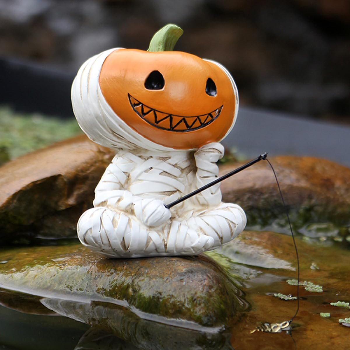 Fishing Pumpkin Head Mummy Statue Funny Halloween Decorations, 3.15 Inch Cute Sitting Figurine Shelf Sitter Resin Sculpture for Outdoor Garden Yard Lawn Pond Waterfalls Pool Ornaments
