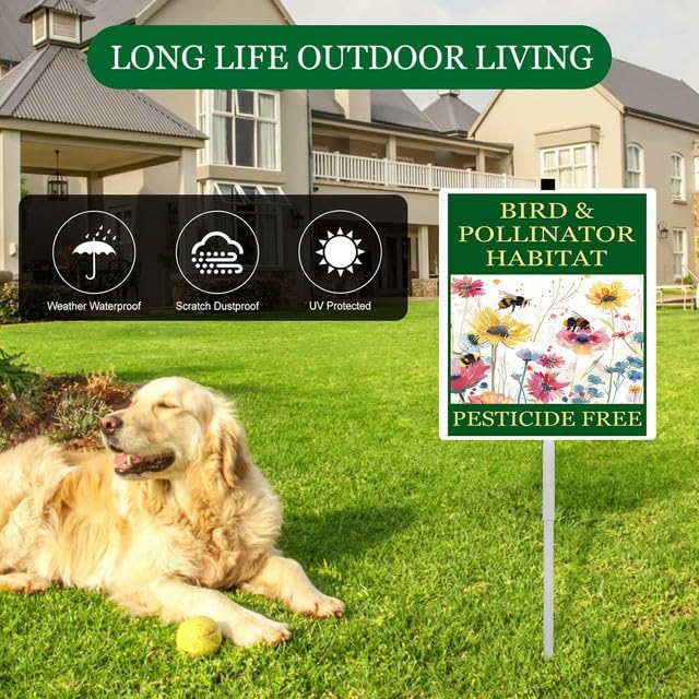 Bird and Pollinator Habitat Pesticide Free Yard Sign With Stakes 8X12 inches Rustproof Reflective Aluminum Pollinator Friendly Garden Sign Stand Bee Outdoor Decor