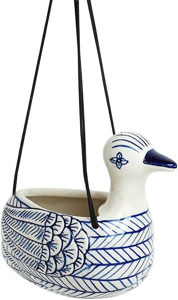 ExclusiveLane Duck' Hand-Painted Ceramic Hanging Planters for Indoor, Outdoor Plants, Flowers | Hanging Planter for Balcony, Home Décor, Garden, Living Room (Indigo Blue & White)
