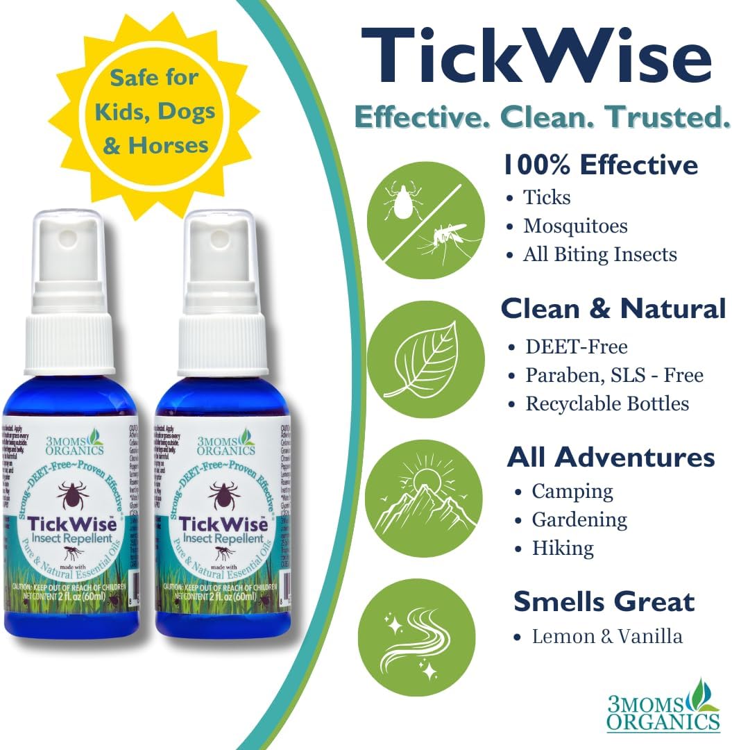 3 Moms Organics, TickWise 2oz Extra Strength Happy Campers 2-Pack - DEET- Free, Tick and Insect Repellent, Plant Based Essential Oils, All Natural Ingredients, Safe for Kids, Adults, Dogs & Horses