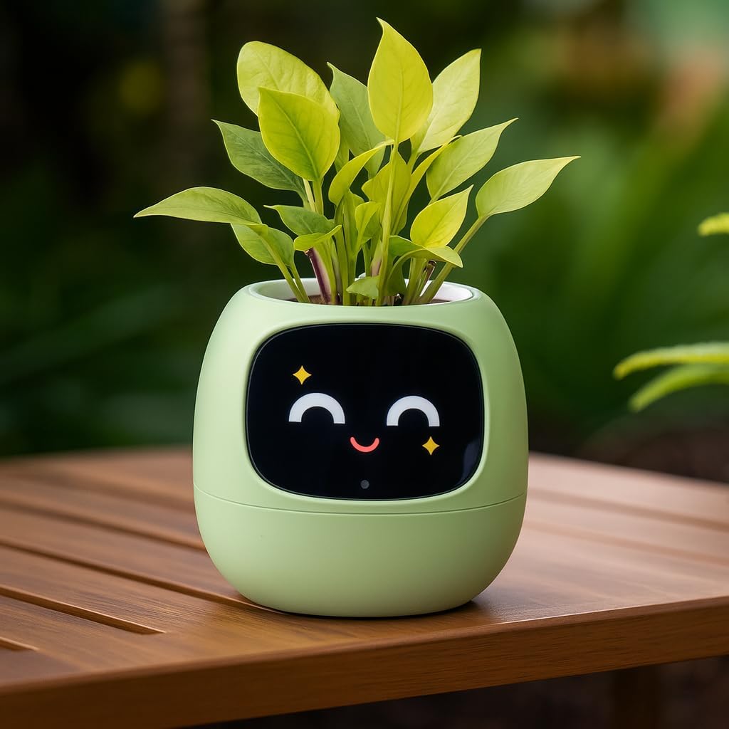 Interactive Plant Pot – Smart Planter, AI Pet Plantagotchi, tamagotchi, Leafypod and Plantiboy, Robot Flower with Feelings, Electric Maceta, Indoor Flowerpot with Water, Digital Gifts (green)