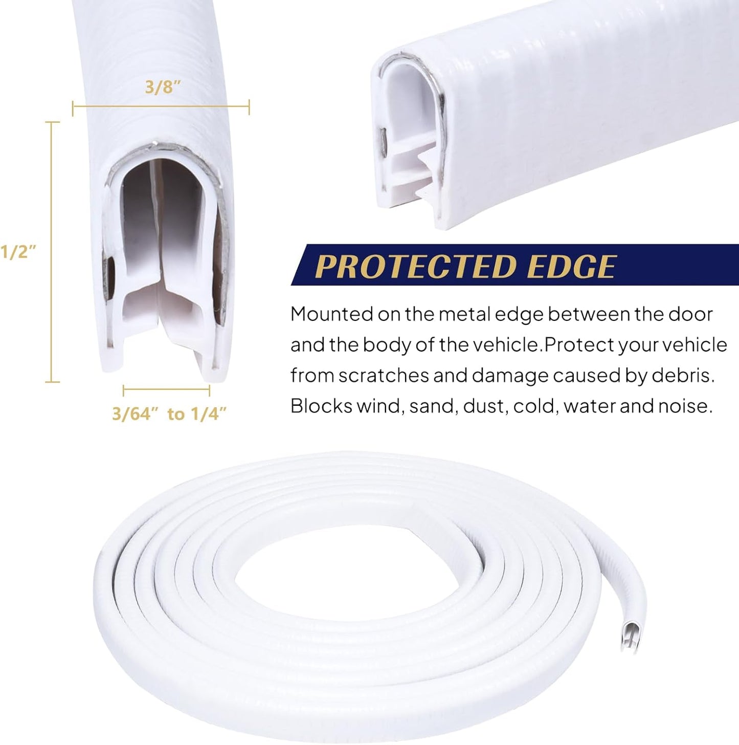 Edge Trim White U-Channel Rubber Trim Edge with Metal 1/2" X 3/8" - Fit Gap 3/64" to1/4 Car Door Edge Sealing Strip, PVC Weather Stripping with Steel, Metal Edge Protector, 12FT