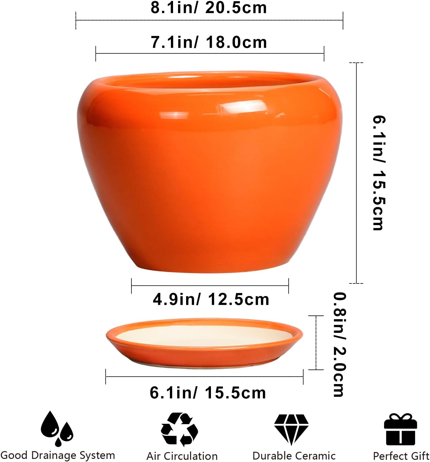 Indoor Plant Pot 8 Inch - Ceramic Plant Pot with Drainage Hole and Saucer, Glaze Decorative Modern Round Planter for Outdoor Plants, Housewarming Gifts, Office Home Garden Decor, Orange
