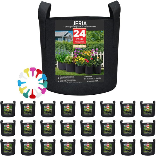 JERIA 24-Pack 7 Gallon Nonwoven Grow Bags, Plant Grow Bags，Heavy Duty Aeration Fabric Pots with Durable Handles, Come with 24 Pcs Plant Labels