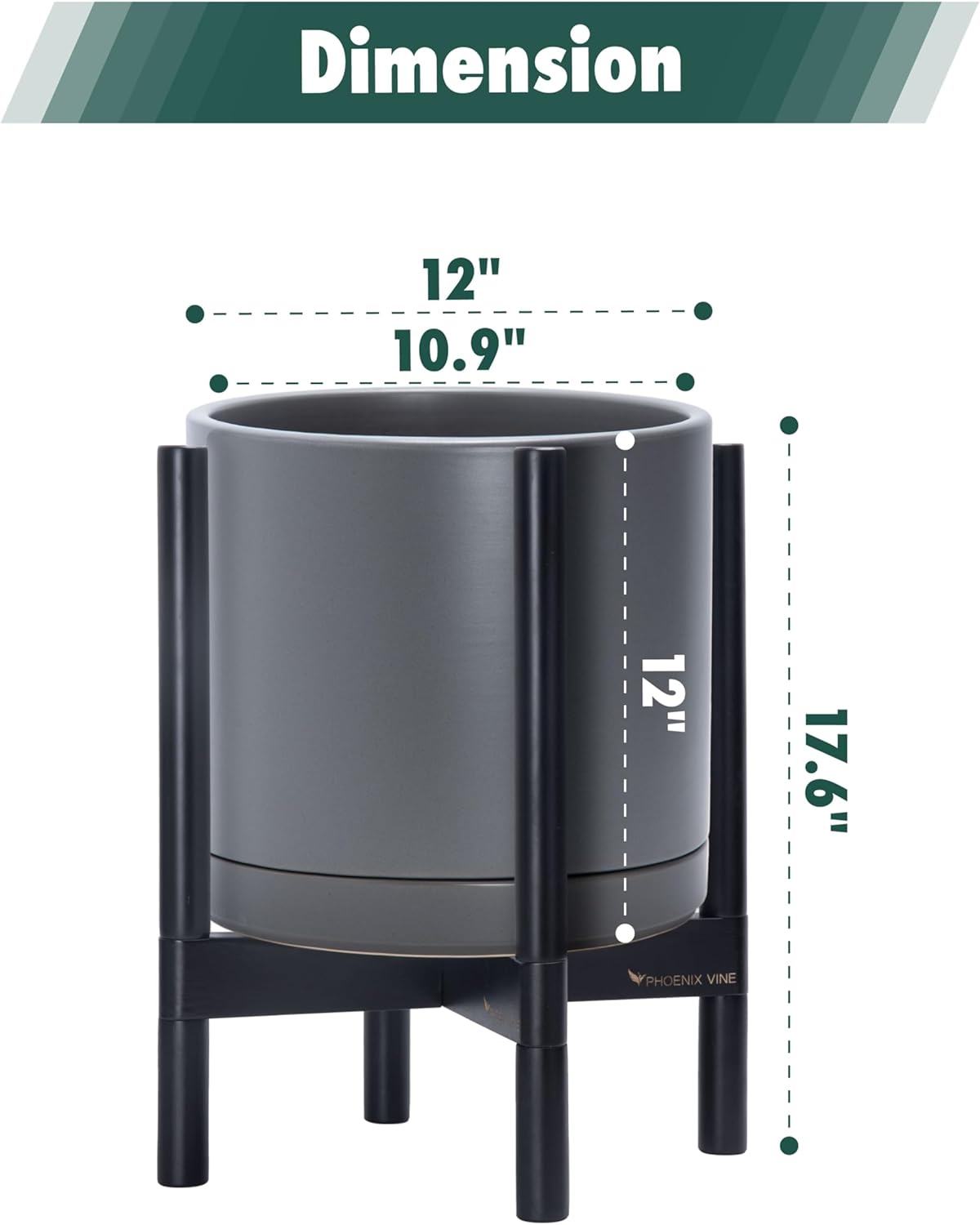 D'vine Dev Ceramic Planter with Ebony Stand - 12 Inch Modern Round Flower Pot with Wood Planter Holder, Grey, 55-B-H-3